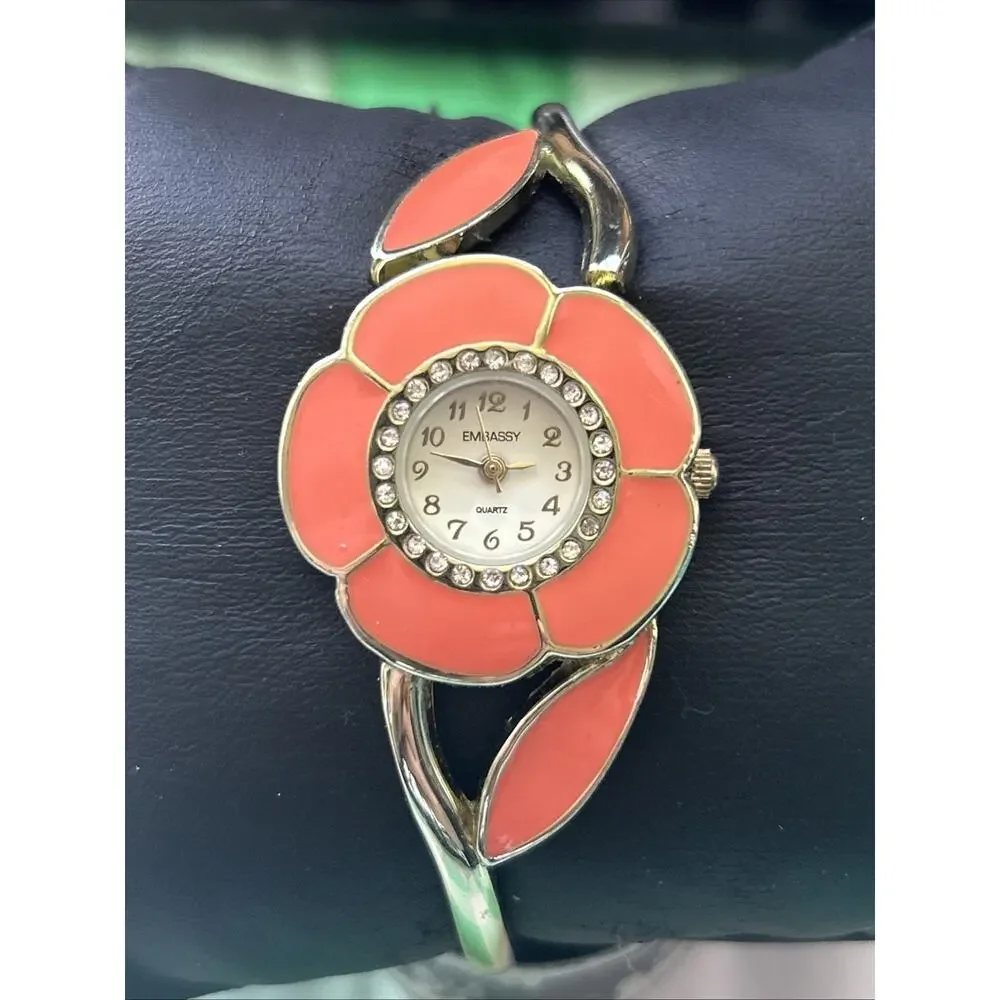 Embassy Gold Tone Orange Floral Bezel Womens Cuff Watch
